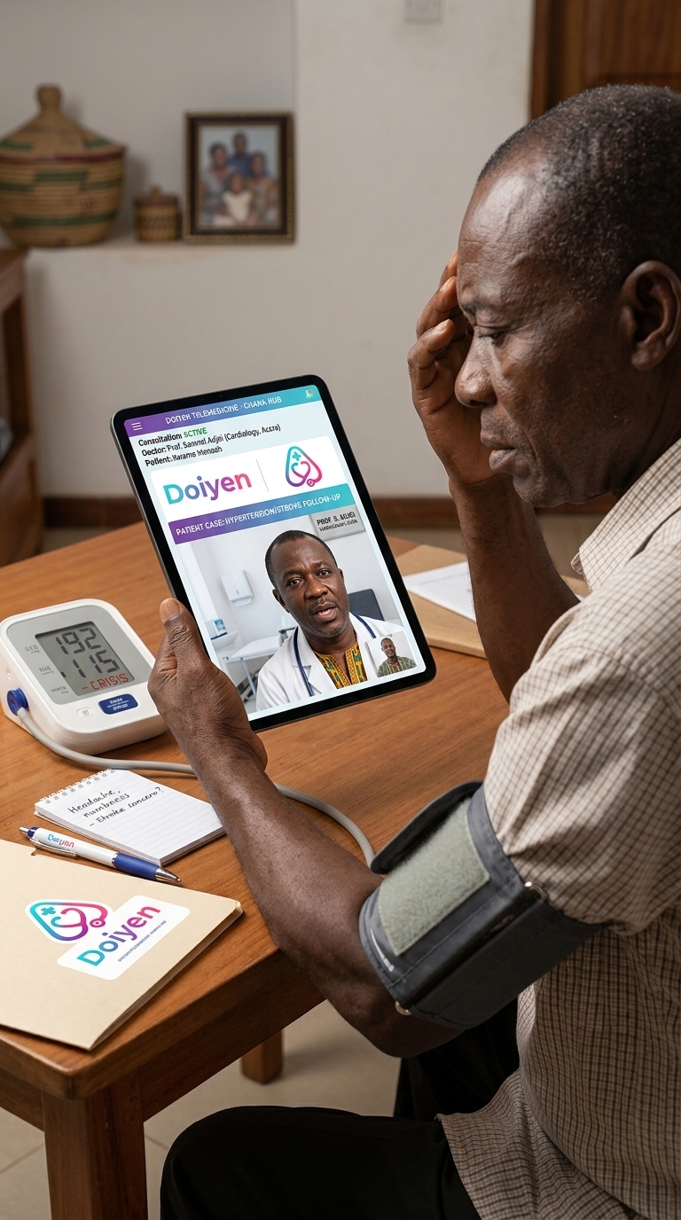 A patient in Ghana joining a Doiyen video consultation from home